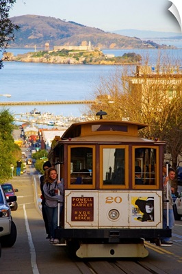 California, San Francisco, Cable car, Alcatraz in the background