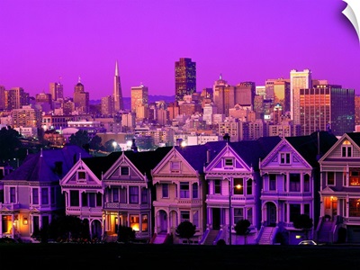 California, San Francisco, row of victorian homes at dusk