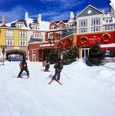 Canada, Quebec, Laurentides, Mont Tremblant, skiers at village