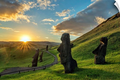 Chile, Valparaiso, Easter Island, Moai at Rano Raraku Volcano at sunset