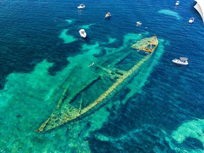 Croatia, Dugi Otok Island, Boats Near The Wreck Of A Cargo Sunk In Waters Of Veli Rat