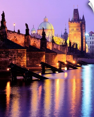 Czech. Republic, Prague, Charles Bridge and Moldana River, Vltava, night