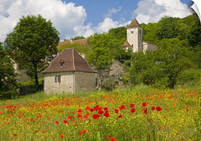 France, Midi-Pyrenees, Lot, Quercy, Sauliac-sur-Cele, House and church