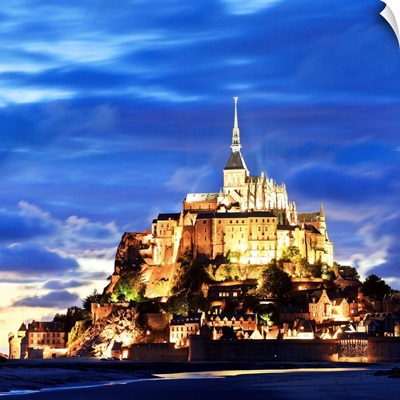 France, Normandy, English Channel, Mont St-Michel, The Abbey Illuminated At Dusk