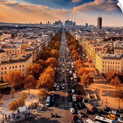 France, Paris, Champs Elysees, Cityscape From The Arc De Triomphe, Sunset