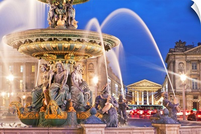 France, Paris, Champs Elysees, Fountain At Place De La Concorde And Hotel De Crillon