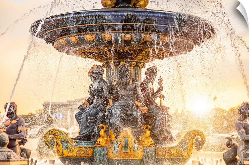 France, Ile-de-France, Ville de Paris, Paris, Champs Elysees, Place de La Concorde, Fountain statue at sunset.