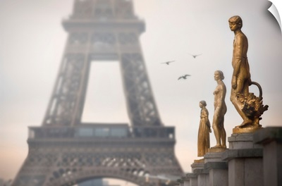 France, Paris, Eiffel Tower And Statues Of Palais De Chaillot
