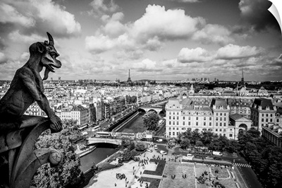 France, Paris, Gargoyle On Notre Dame Cathedral And Eiffel Tower In Background