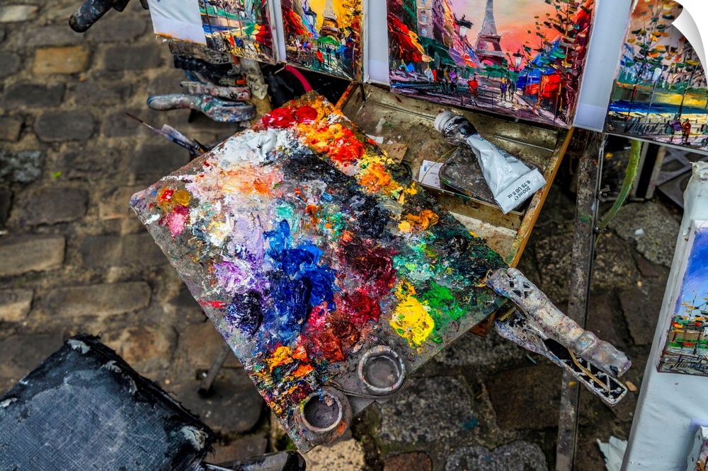 France, Paris, Montmartre, artist's palette with oil paint.