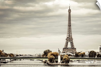 France, Paris, River Seine With Replica Of The Statue Of Liberty, And Eiffel Tower