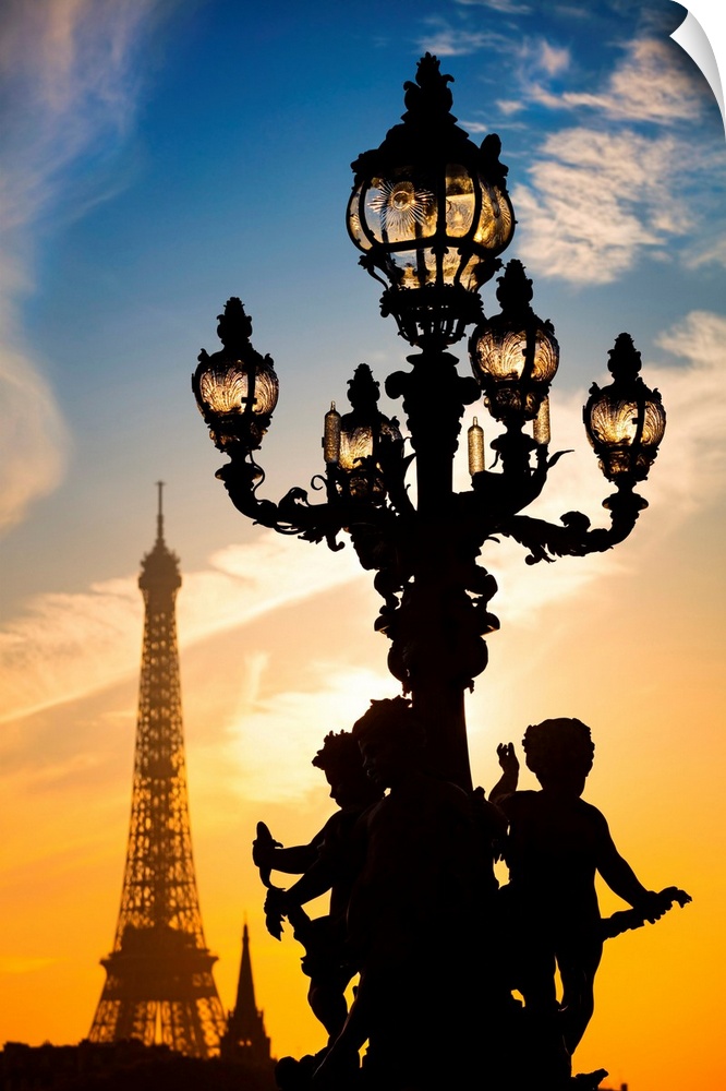 France, Ile-de-France, Paris, Ville de Paris, Invalides, Eiffel Tower and lamp of Alexander III Bridge.