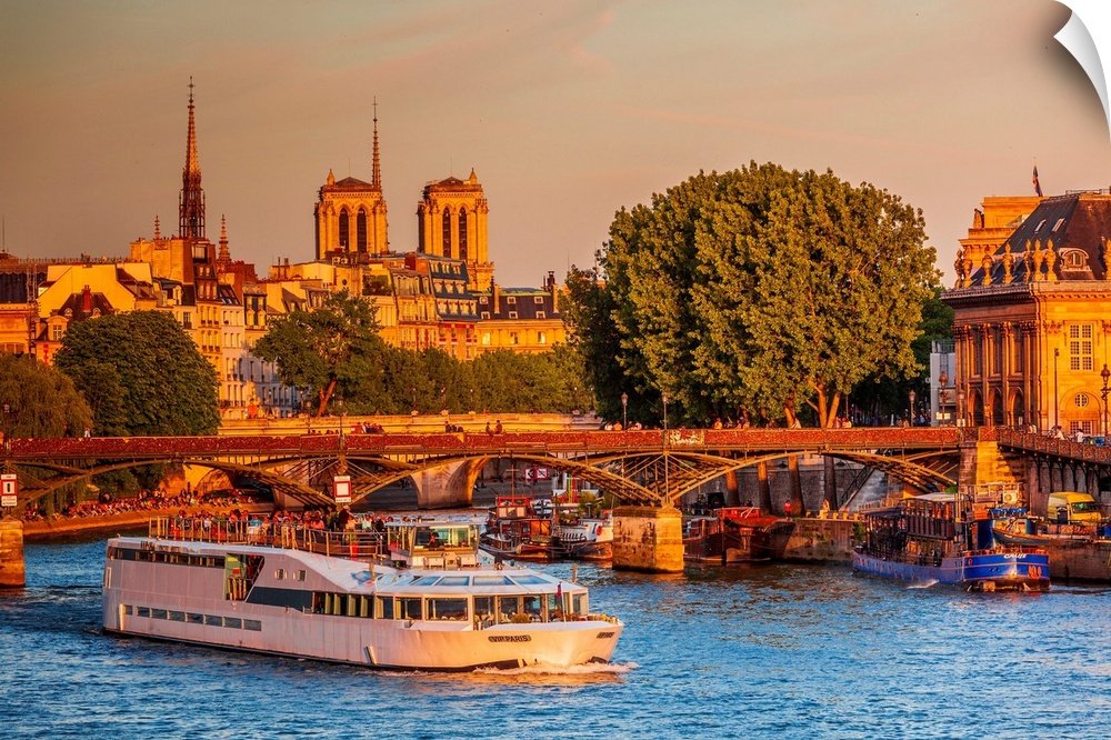 France, Ile-de-France, Seine, Paris, Louvre, Vendome, Pont des Arts, Pont des Arts, Notre Dame de Paris in the background.
