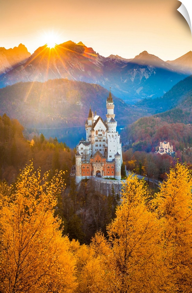 Germany, Bavaria, Swabia, Neuschwanstein Castle and Hohenschwangau Castle with Lake Alpsee and Tannheim Mountains.