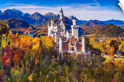 Germany, Bavaria, Swabia, Neuschwanstein Castle And Tannheim Mountains