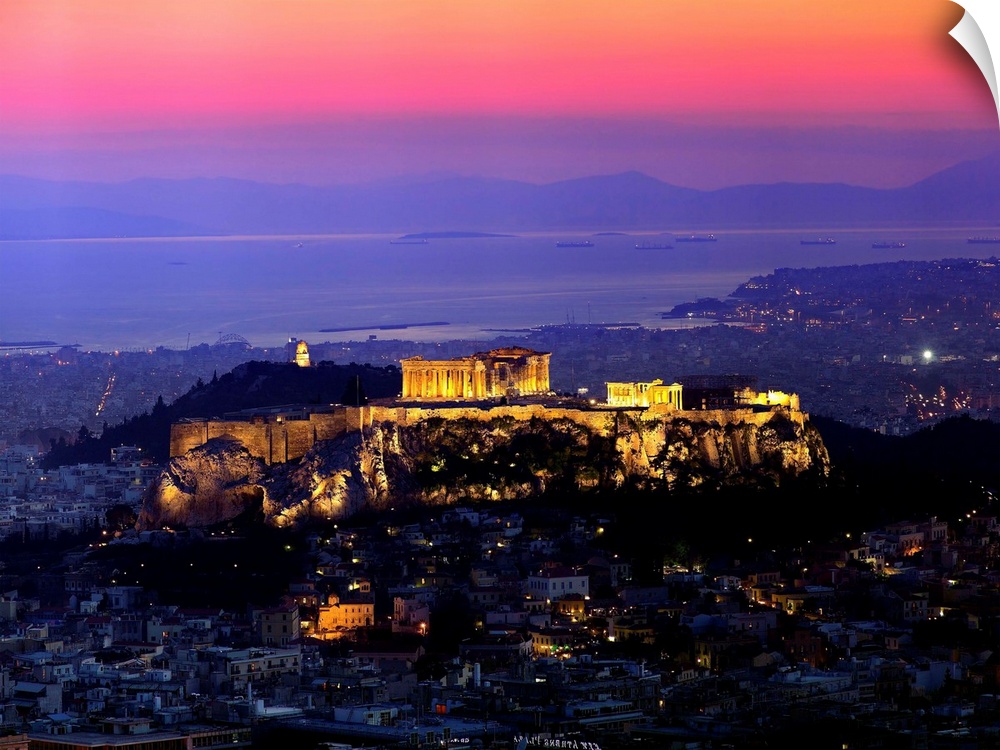 Greece, Central Greece and Euboea, Attica, Athens, View of Acropolis and Parthenon with Piraeus in the background