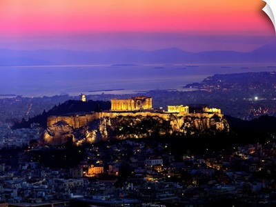 Greece, Athens, View of Acropolis and Parthenon with Piraeus in the background