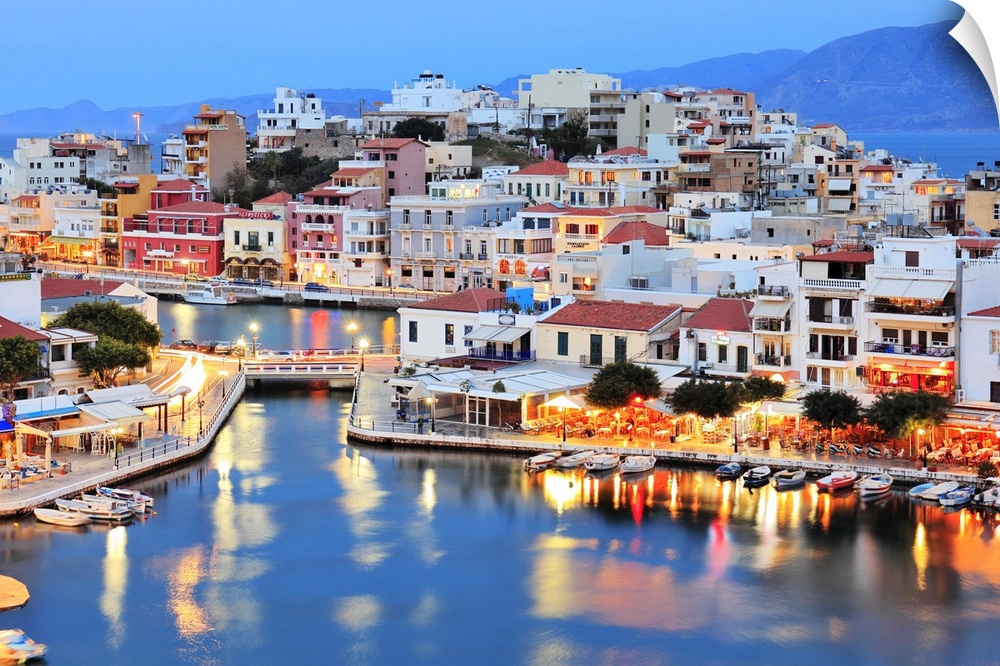 Greece, Crete Island, Agios Nikolaos, Mediterranean sea, Aegean sea, Greek Islands, Town with the Voulismeni Lake in the f...
