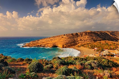 Greece, Crete Island, Iraklion, Matala, Golden sandy beach and village