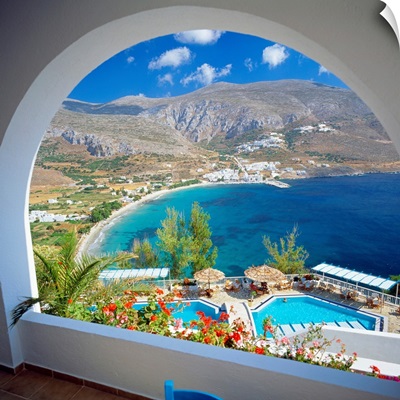Greece, Cyclades, Amorgos, Aegialis Hotel, view towards the sea