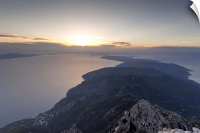 Greece, Mount Athos Peninsula, view from the summit at sunset