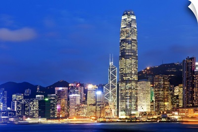 Hong Kong, City skyline illuminated at night with International Finance Center