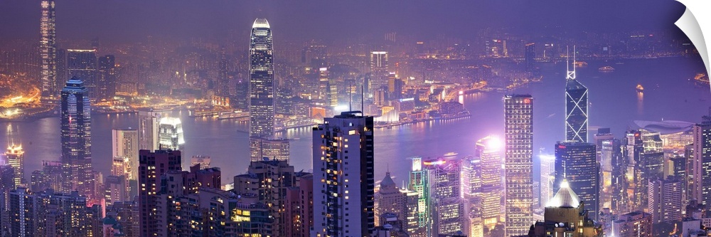 China, Hong Kong, Hong Kong island, City skyline with the Victoria Harbor, view from Victoria Peak at night.