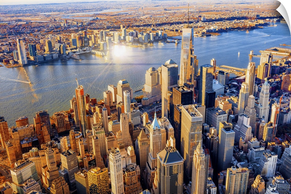 USA, New York City, Hudson, Manhattan, Lower Manhattan, One World Trade Center, Freedom Tower, Aerial view towards One Wor...