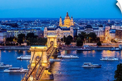 Hungary, Budapest, Chain Bridge, River Danube, Gresham Palace, Saint Stephen's Basilica