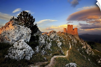 Italy, Abruzzo, Gran Sasso National Park, Calascio, Rocca Calascio At Sunset