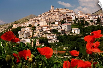 Italy, Abruzzo, Gran Sasso National Park, L'Aquila district, Poppies and town