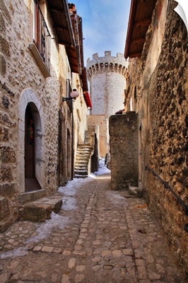 Italy, Abruzzo, L'Aquila district, View of the medieval tower in the village center