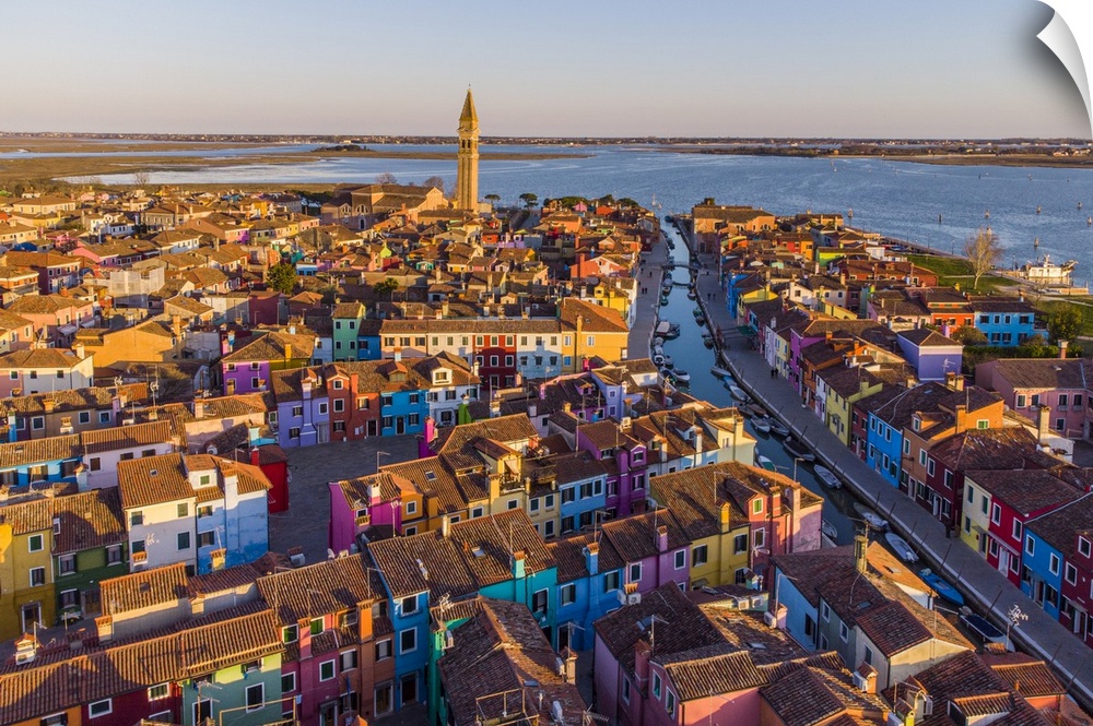 Italy, Veneto, Venezia district, Venetian Lagoon, Adriatic Coast, Venice, Burano, Aerial view of the colorful city of Bura...