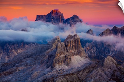 Italy, Alps, Dolomites, View From Lagazuoi Refuge, Averau And Pelmo Mountains, Sunset