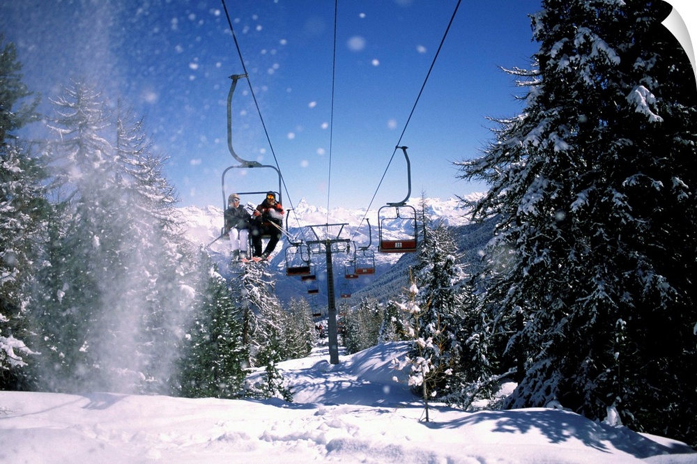 Italy, Aosta Valley, Alps, Aosta district, Pila, Gressan, winter season, Pila ski station, the ski lift and Grand Combin m...