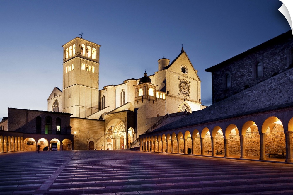Italy, Umbria, Perugia district, Assisi, Basilica of San Francesco, San Francesco Basilica at dusk.
