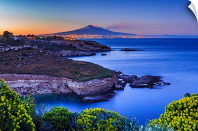 Italy, Augusta, Capo Santa Croce Bay with Catania and Mount Etna in the background