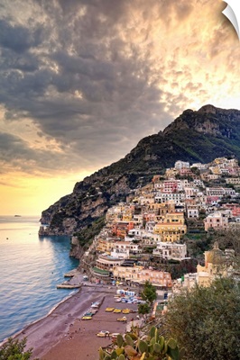 Italy, Campania, Amalfi Coast,  Peninsula of Sorrento, Positano, beach at sunset