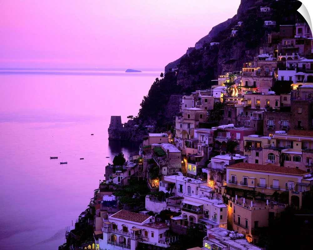 Italy, Campania, Positano, Amalfi coast, view over town at dusk