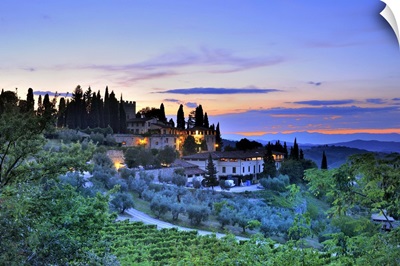 Italy, Chianti, Vineyards and Castello Di Verrazzano farm near Greve at dusk