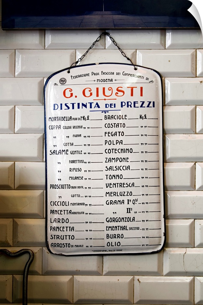 Italy, Italia, Emilia-Romagna, Modena, Giusti delicatessen shop, price list