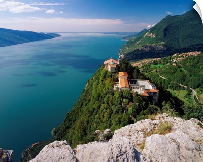 Italy, Lake Garda, Tignale, Santuario di Montecastello and lake
