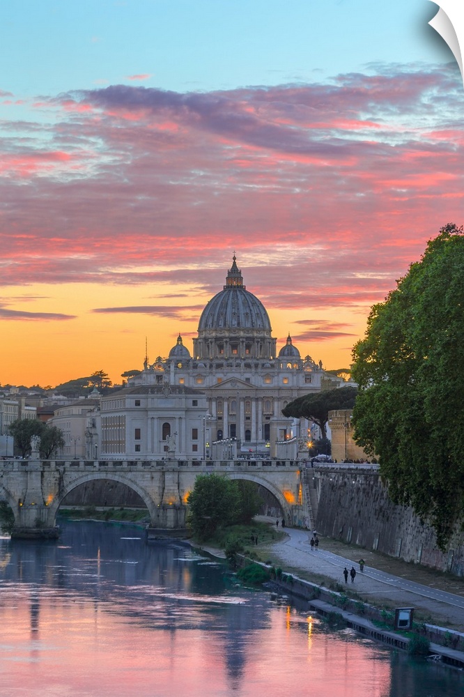 Italy, Latium, Roma district, Rome, St Peter's Basilica, Basilica and Tevere river at sunset