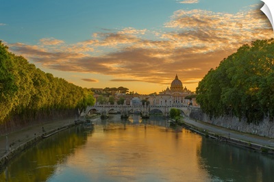 Italy, Latium, Rome, St Peter's Basilica, Basilica And Tevere River At Sunset