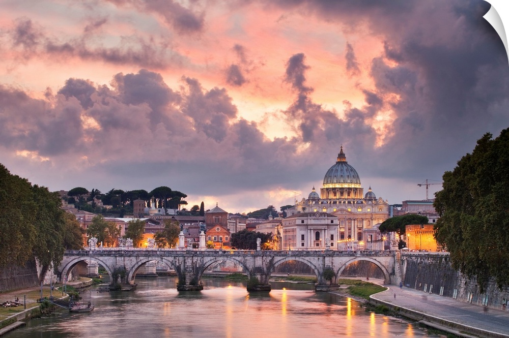 Italy, Latium, Tiber, Tevere, Roma district, Rome, Saint Peter's Basilica, Sunset over Saint Peter's Basilica and the Tibe...