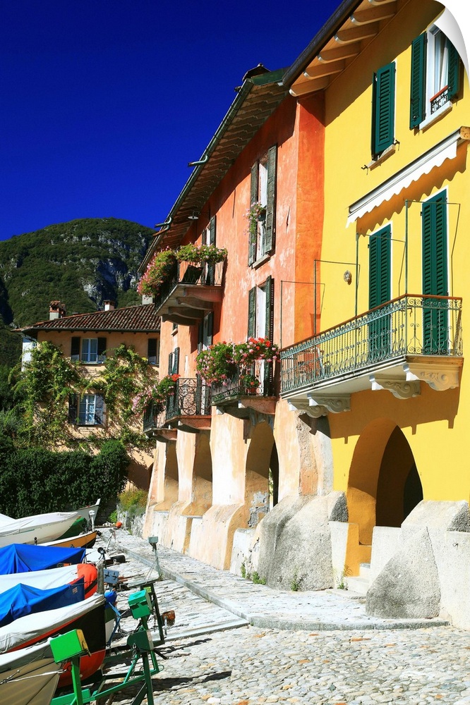 Italy, Lombardy, Mediterranean area, Lecco district, Como Lake, Mandello del Lario, The coloured houses on the tiny harbour