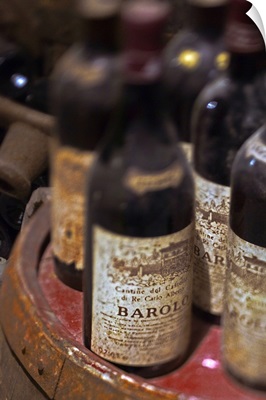 Italy, Piedmont, Colline del Barolo, Langhe, Verduno, Old bottles of Barolo wine