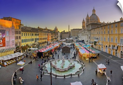 Italy, Rome, Christmas fair at dusk, overview