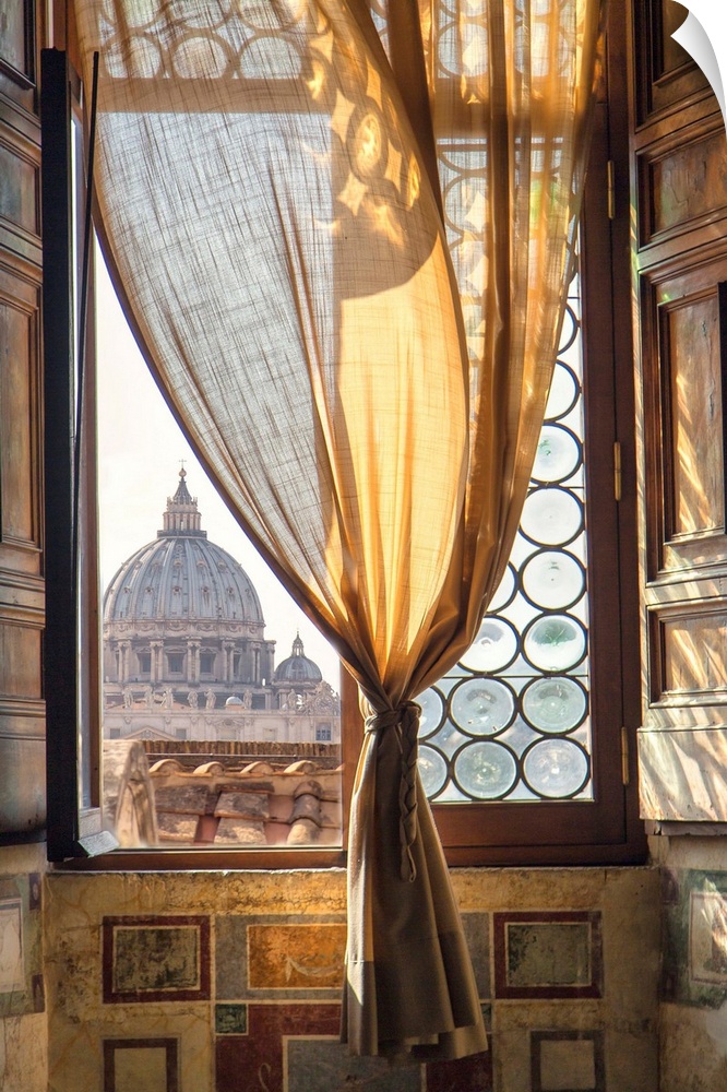 Italy, Rome, Mausoleum of Hadrian, Window in Castel Sant'Angelo, view towards Saint Peter's Basilica.