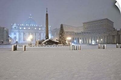 Italy, Rome, St Peter's Basilica, Night view of the Square with snow
